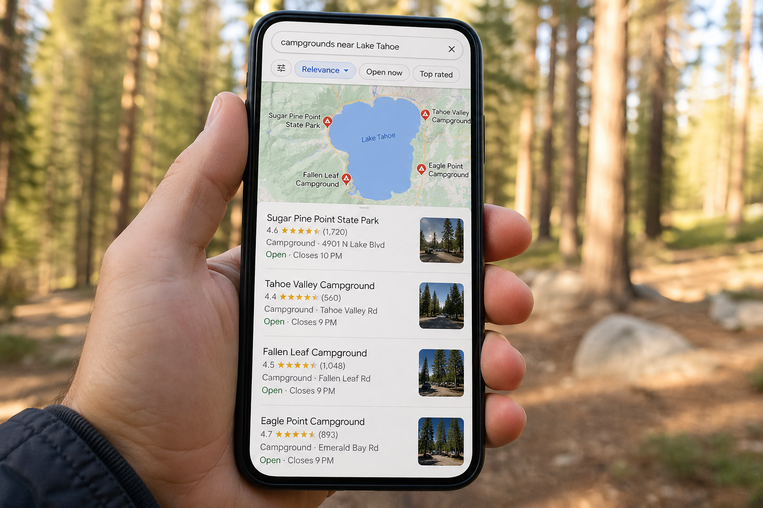 campground Google Maps ranking on phone in persons hand.